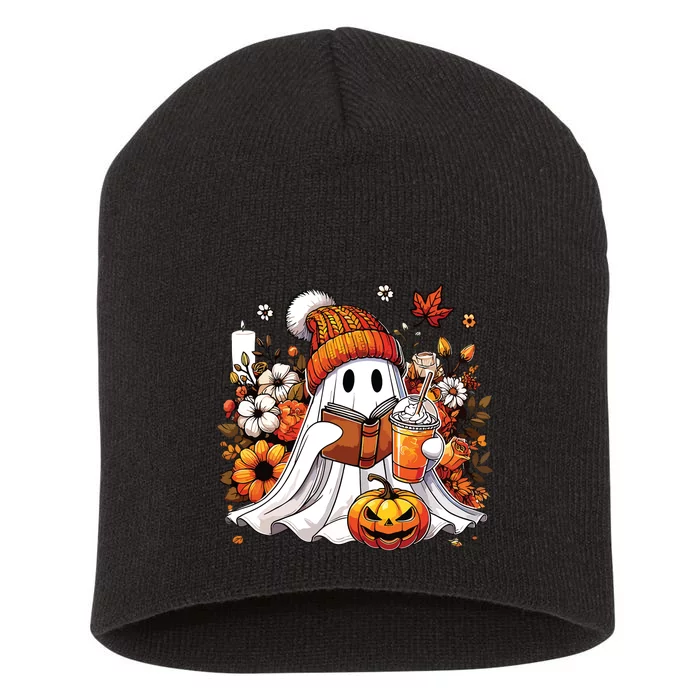 Ghost Drinking Coffee Book Reading Halloween Pumpkin Flower Short Acrylic Beanie