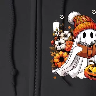 Ghost Drinking Coffee Book Reading Halloween Pumpkin Flower Full Zip Hoodie