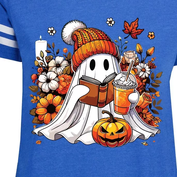 Ghost Drinking Coffee Book Reading Halloween Pumpkin Flower Enza Ladies Jersey Football T-Shirt