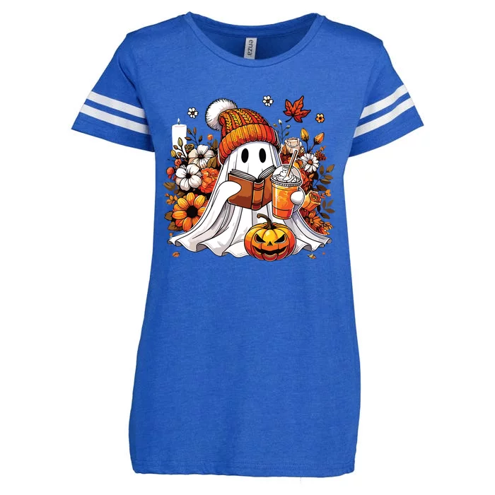 Ghost Drinking Coffee Book Reading Halloween Pumpkin Flower Enza Ladies Jersey Football T-Shirt