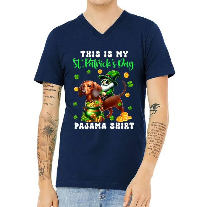 Gnome Dachshund Clovers Lover St. Patricks Day Pajama Gift V-Neck T-Shirt