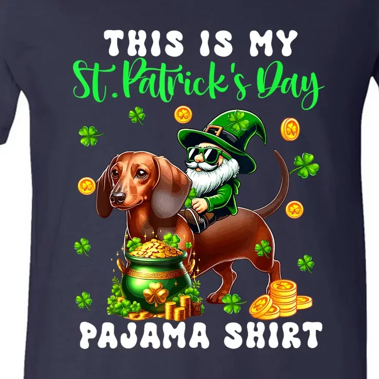 Gnome Dachshund Clovers Lover St. Patricks Day Pajama Gift V-Neck T-Shirt