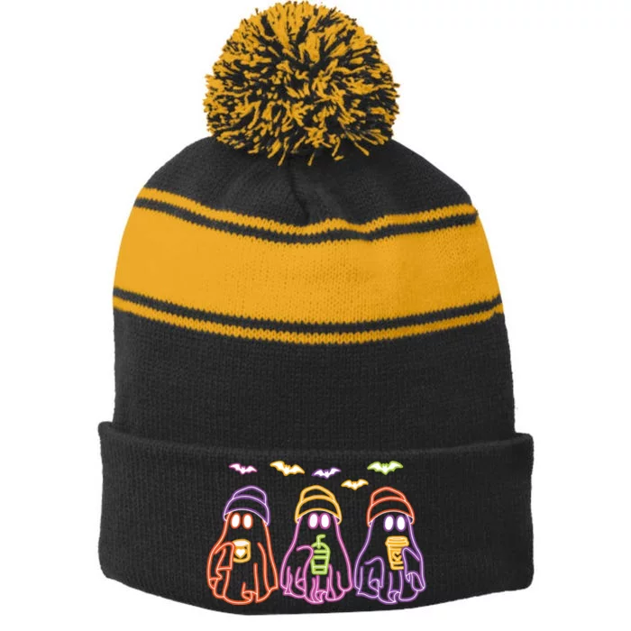 Ghost Drinking Coffee Funny Halloween Costume Coffee Lover Stripe Pom Pom Beanie