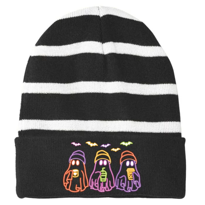 Ghost Drinking Coffee Funny Halloween Costume Coffee Lover Striped Beanie with Solid Band