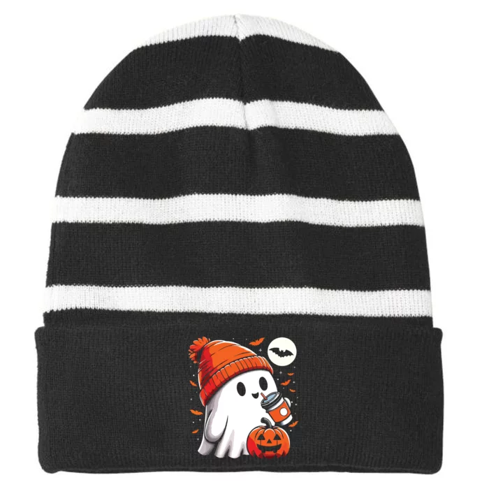 Ghost Drinking Coffee Halloween Striped Beanie with Solid Band