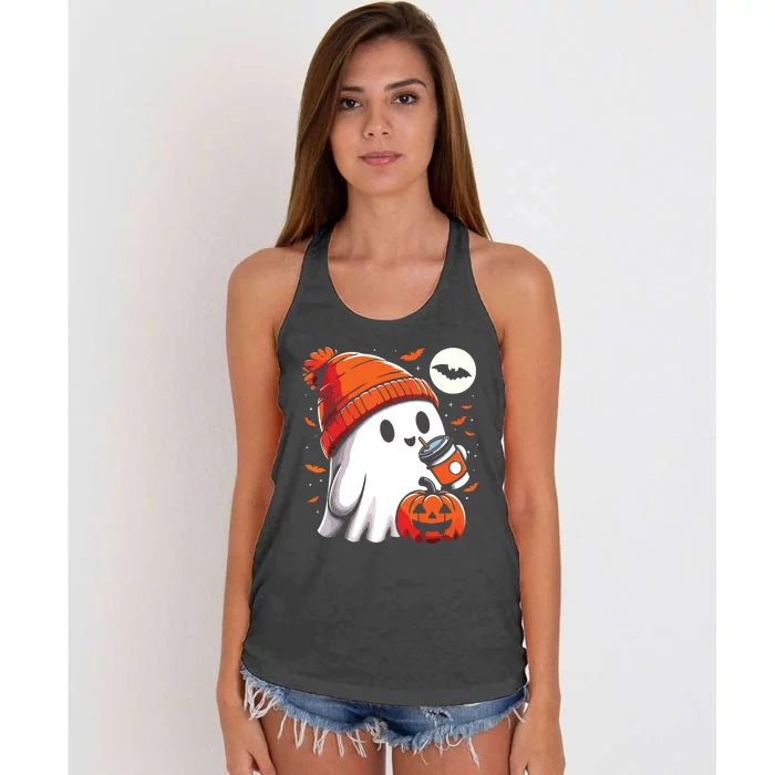 Ghost Drinking Coffee Halloween Women's Knotted Racerback Tank