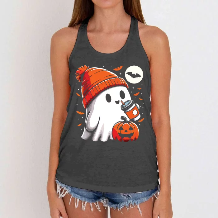 Ghost Drinking Coffee Halloween Women's Knotted Racerback Tank