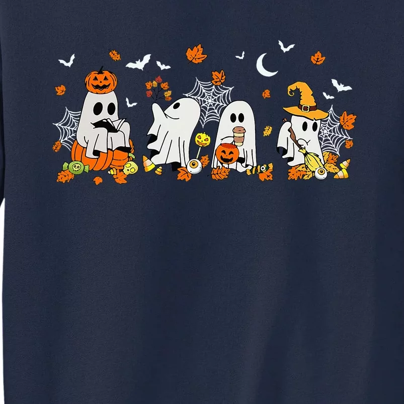 Ghost Drinking Coffee Halloween Fall Ghost Book Reading Tall Sweatshirt