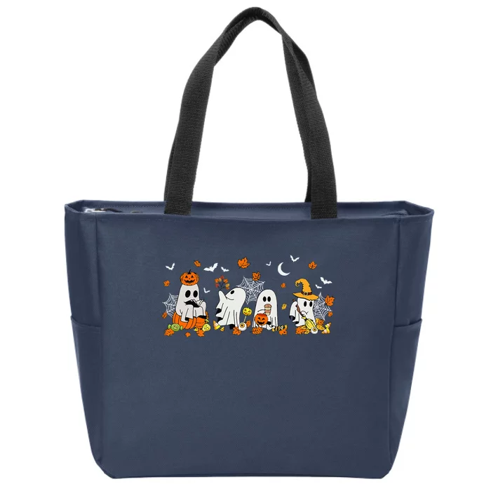 Ghost Drinking Coffee Halloween Fall Ghost Book Reading Zip Tote Bag