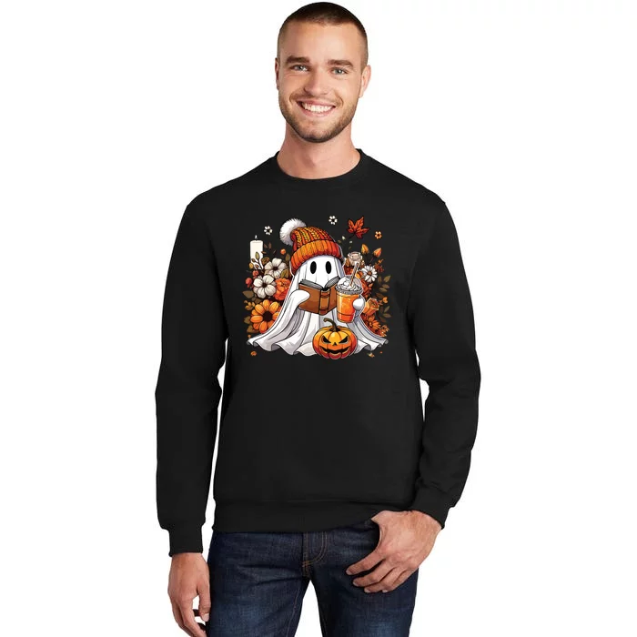 Ghost Drinking Coffee Book Reading Halloween Pumpkin Flower Sweatshirt