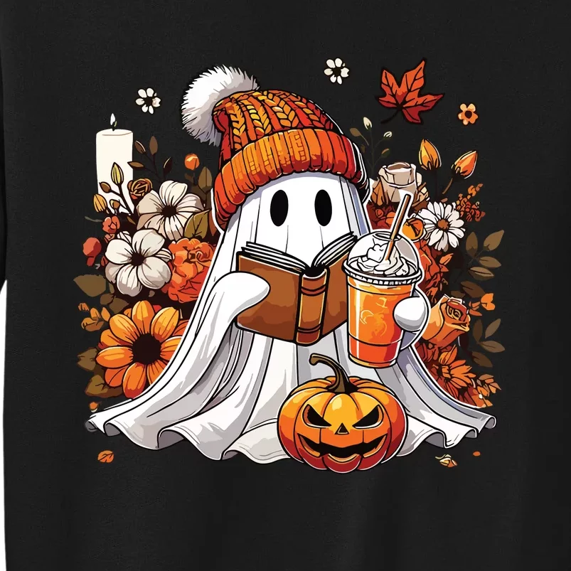 Ghost Drinking Coffee Book Reading Halloween Pumpkin Flower Sweatshirt