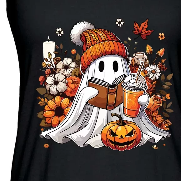 Ghost Drinking Coffee Book Reading Halloween Pumpkin Flower Ladies Essential Flowy Tank