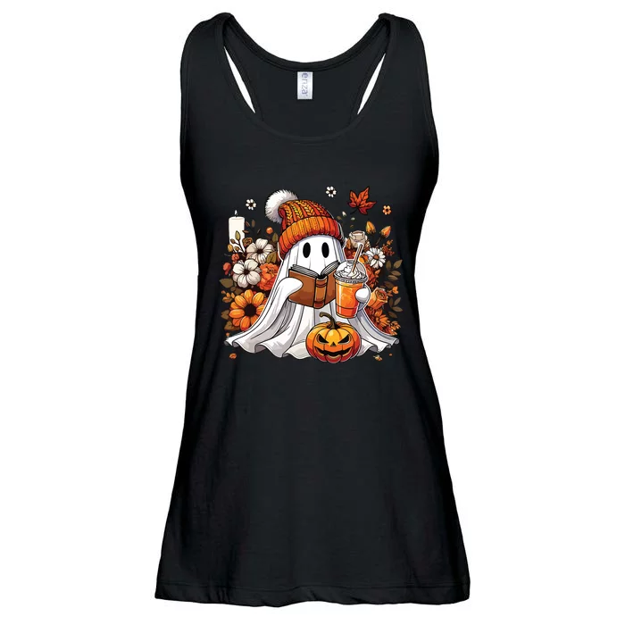 Ghost Drinking Coffee Book Reading Halloween Pumpkin Flower Ladies Essential Flowy Tank