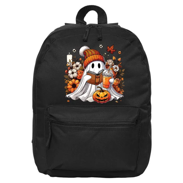 Ghost Drinking Coffee Book Reading Halloween Pumpkin Flower 16 in Basic Backpack