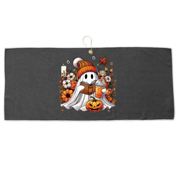 Ghost Drinking Coffee Book Reading Halloween Pumpkin Flower Large Microfiber Waffle Golf Towel