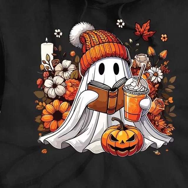 Ghost Drinking Coffee Book Reading Halloween Pumpkin Flower Tie Dye Hoodie