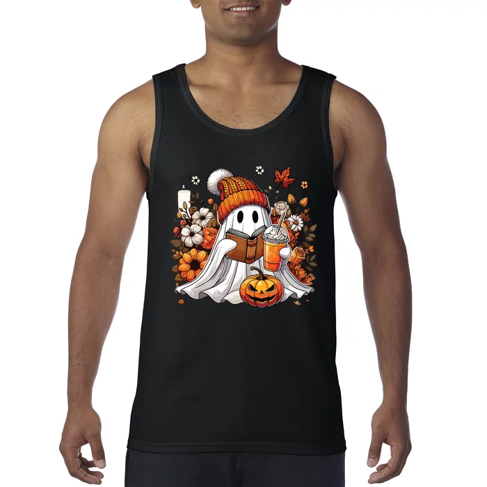 Ghost Drinking Coffee Book Reading Halloween Pumpkin Flower Tank Top