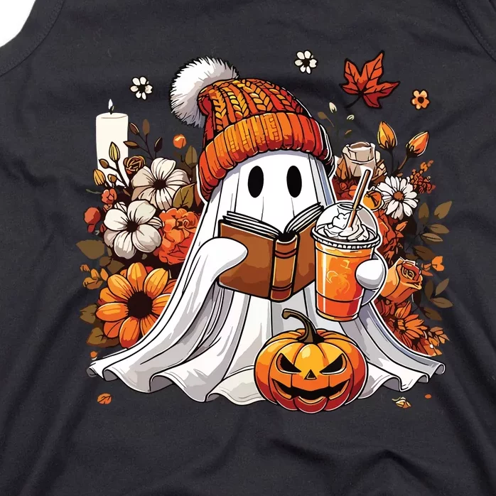 Ghost Drinking Coffee Book Reading Halloween Pumpkin Flower Tank Top