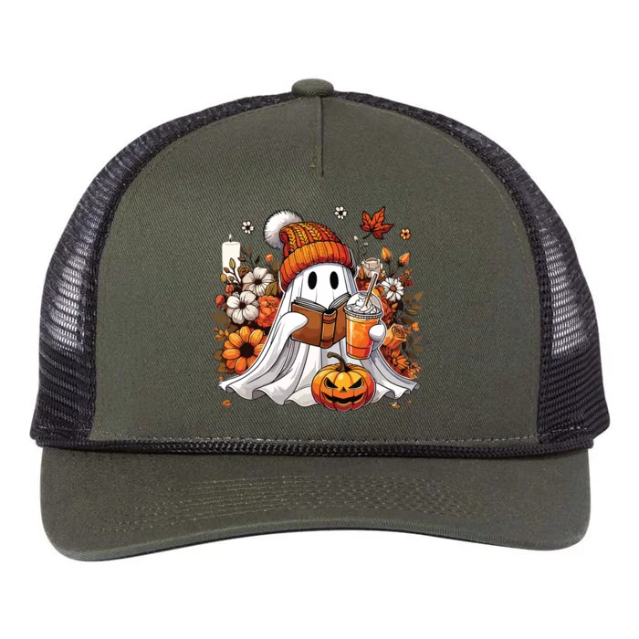 Ghost Drinking Coffee Book Reading Halloween Pumpkin Flower Retro Rope Trucker Hat Cap