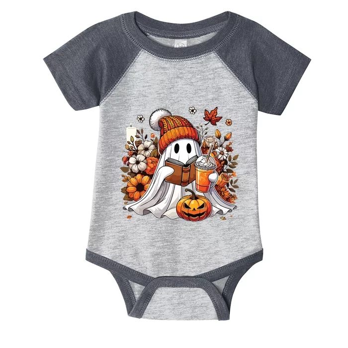 Ghost Drinking Coffee Book Reading Halloween Pumpkin Flower Infant Baby Jersey Bodysuit