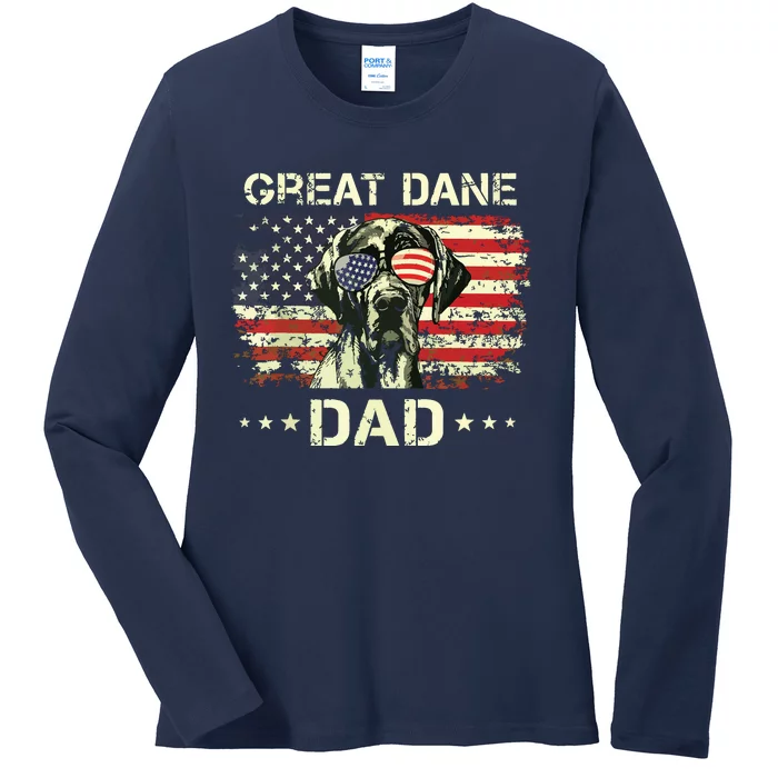 Great Dane Dad Dog Lovers American Flag 4th Of July Ladies Long Sleeve Shirt