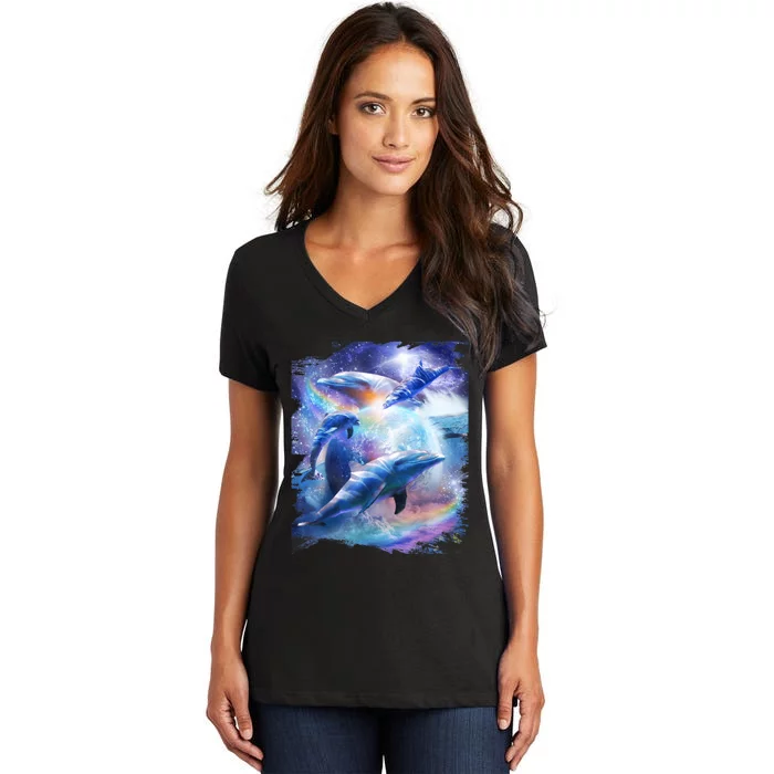 Galaxy Dolphin Dolphins In Space Women's V-Neck T-Shirt