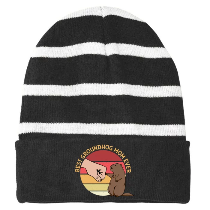 Groundhog Day Funny Quote Best Groundhog Mom Ever Striped Beanie with Solid Band