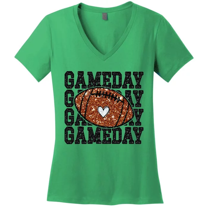 Game Day Football Bling Bling Football Lover Trendy Gift Women's V-Neck T-Shirt