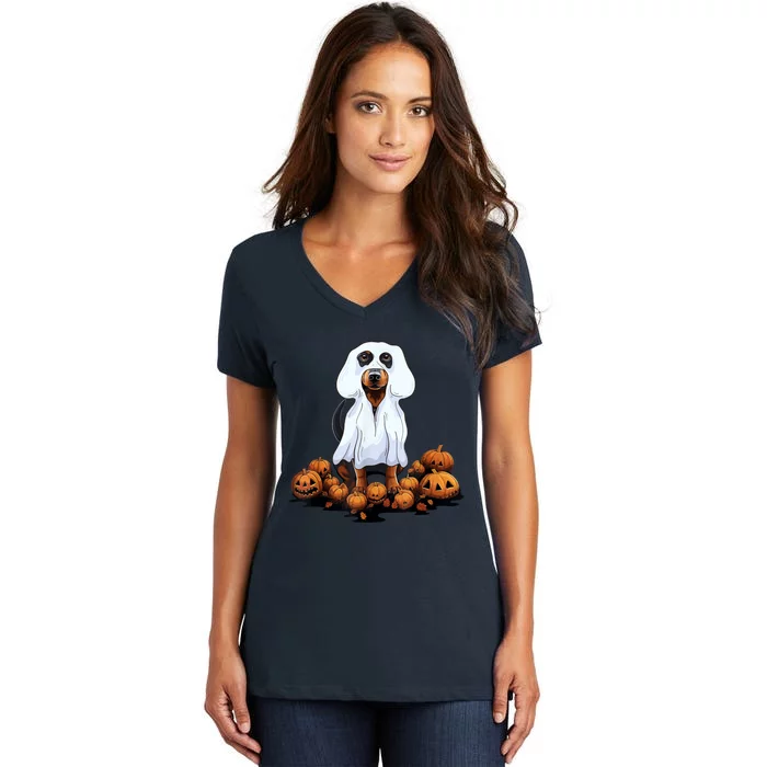 Ghost Dachshund Funny Halloween Wiener Dog Ghost Costume Women's V-Neck T-Shirt