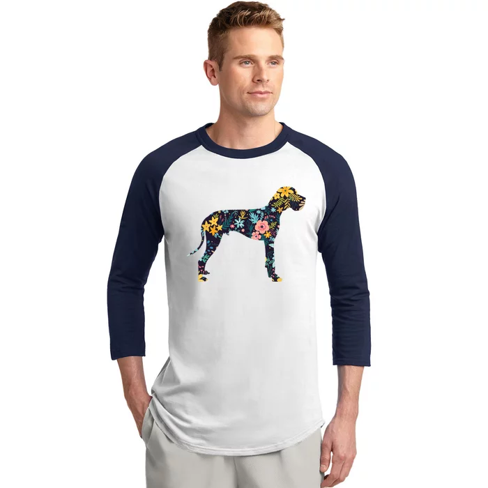 Great Dane Floral Dog Silhouette Womens Graphic Baseball Sleeve Shirt