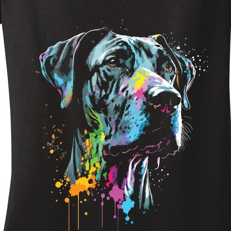 Great Dane Face Splash Art Portrait For Dog Owners Women's V-Neck T-Shirt