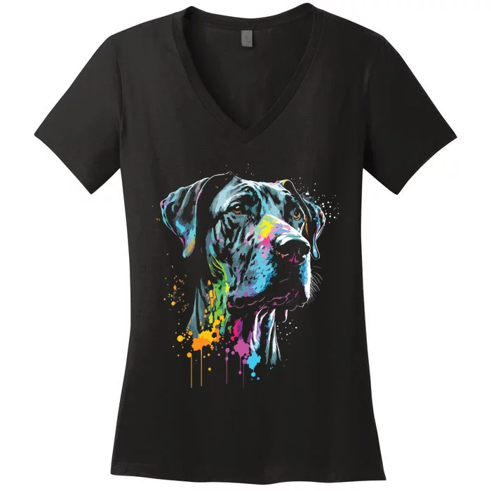 Great Dane Face Splash Art Portrait For Dog Owners Women's V-Neck T-Shirt