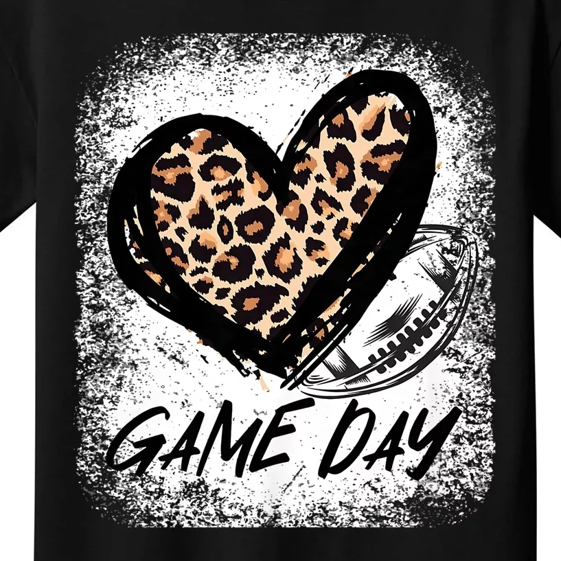 Game Day Football Leopard Print Heart Style Football Lovers Mom Bleached Kids T-Shirt