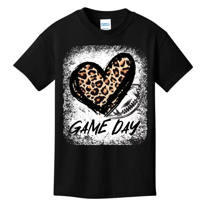 Game Day Football Leopard Print Heart Style Football Lovers Mom Bleached Kids T-Shirt