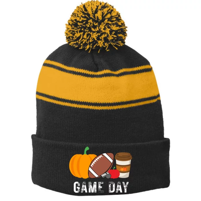 Game Day Football Pumpkin Fall Stripe Pom Pom Beanie