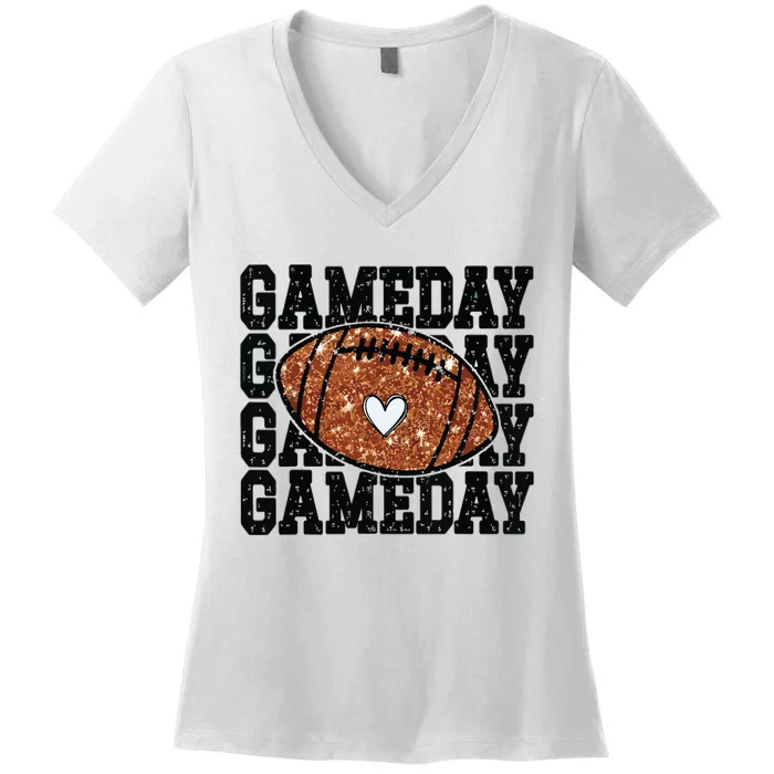 Game Day Football Bling Bling Football Lover Trendy Women's V-Neck T-Shirt