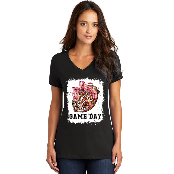 Game Day Football Season Football Bow Gift Girl Women Women's V-Neck T-Shirt