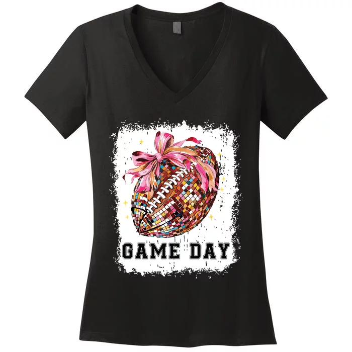 Game Day Football Season Football Bow Gift Girl Women Women's V-Neck T-Shirt