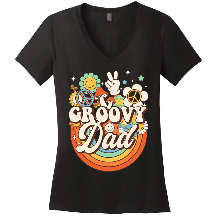 Groovy Dad Hippie Mushroom Peace Retro 60s 70s Aesthetic Women's V-Neck T-Shirt