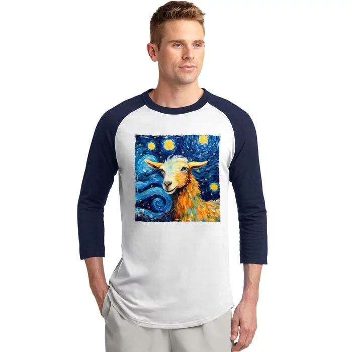 Goat Design In The Style Of Van Goghs Iconic Starry Night Baseball Sleeve Shirt