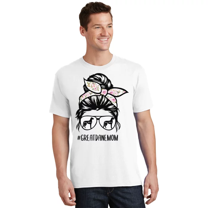 Great Dane Mom messy bun hair glasses T-Shirt