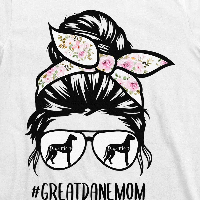 Great Dane Mom messy bun hair glasses T-Shirt