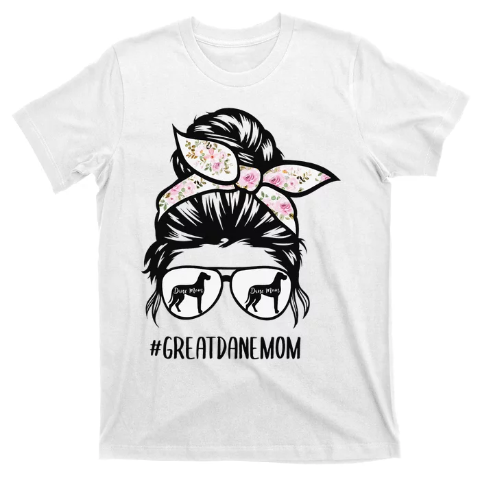 Great Dane Mom messy bun hair glasses T-Shirt