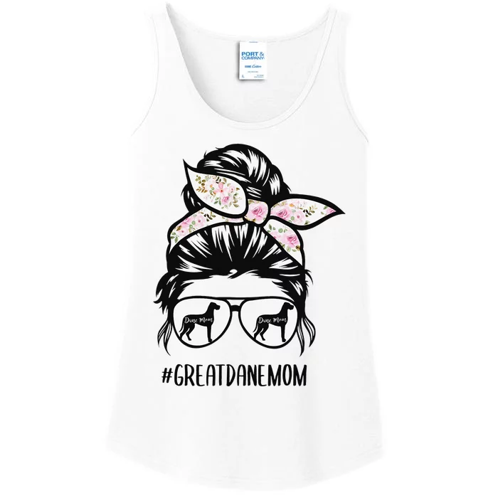 Great Dane Mom messy bun hair glasses Ladies Essential Tank