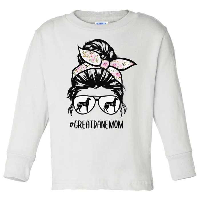 Great Dane Mom messy bun hair glasses Toddler Long Sleeve Shirt