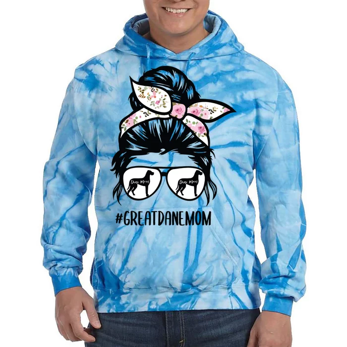 Great Dane Mom Messy Bun Hair Glasses Tie Dye Hoodie