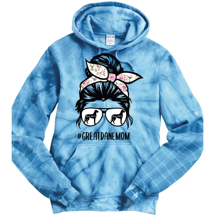 Great Dane Mom Messy Bun Hair Glasses Tie Dye Hoodie