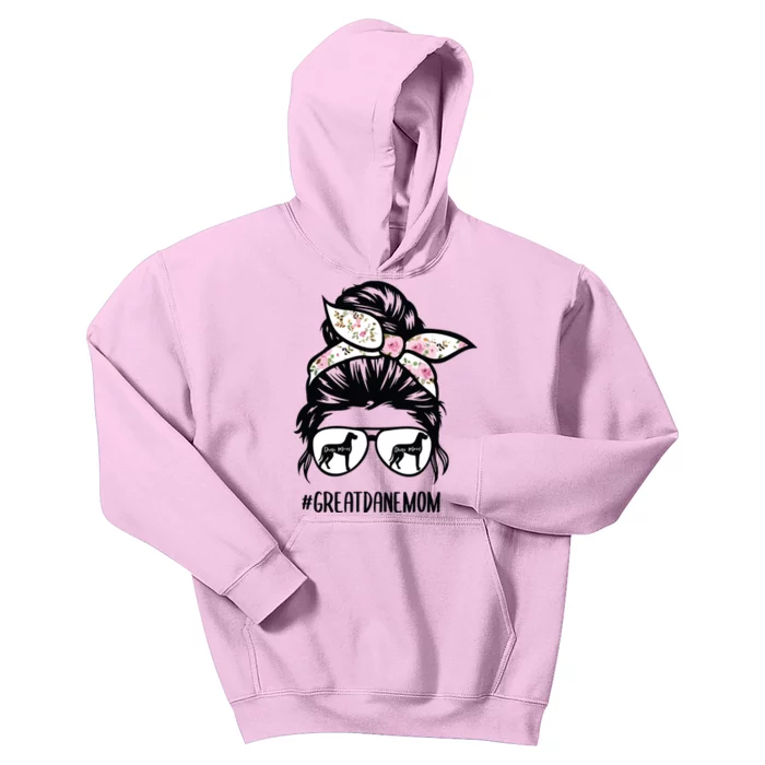 Great Dane Mom Messy Bun Hair Glasses Kids Hoodie