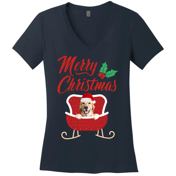 GoldenRetriever Dog Merry Christmas Design For The Holiday Season! Women's V-Neck T-Shirt