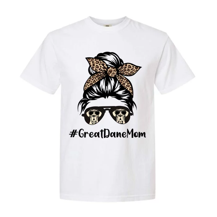 Great Dane Mom Life Messy Bun Hair Leopard Bandana Gift Garment-Dyed Heavyweight T-Shirt